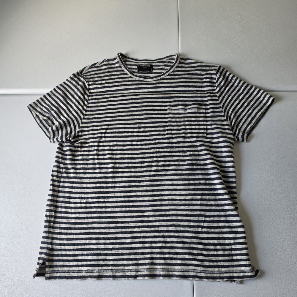 Todd Snyder Shirt Mens Medium Black Striped 100% Linen Short Sleeve Tee